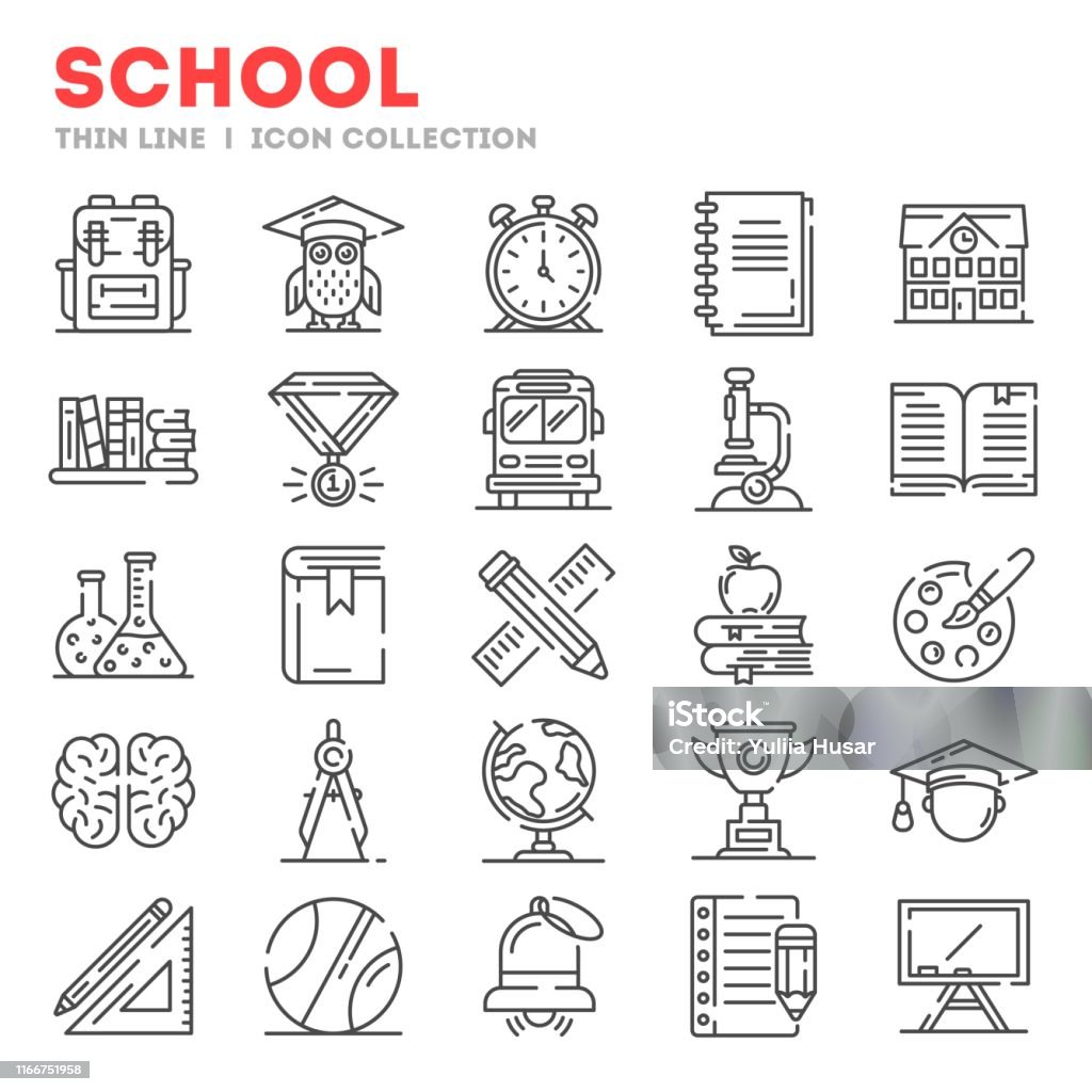 Stor uppsättning av tunna linje ikoner om skola, högskola, universitetslivet isolerat på vitt - Royaltyfri Anteckningsblock vektorgrafik