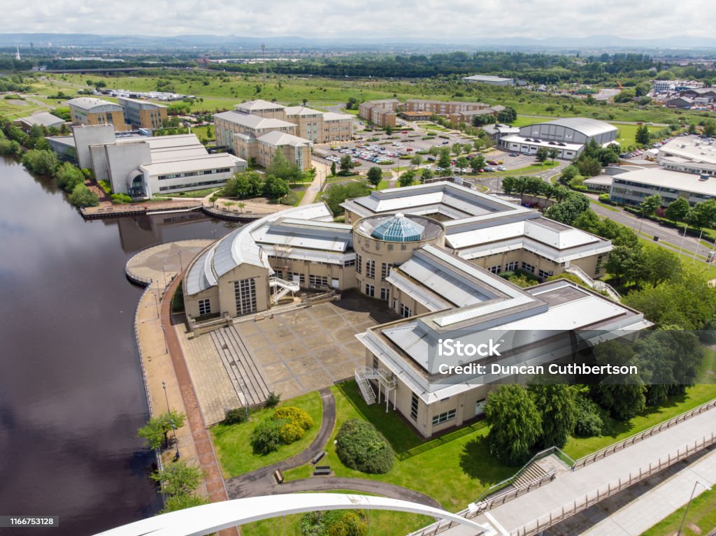 Areal photo of the Durham University, Queen's Campus in Thornaby, Stockton-on-xd taken on a beautiful sunny day near to the Infinity Bridge University Stock Photo