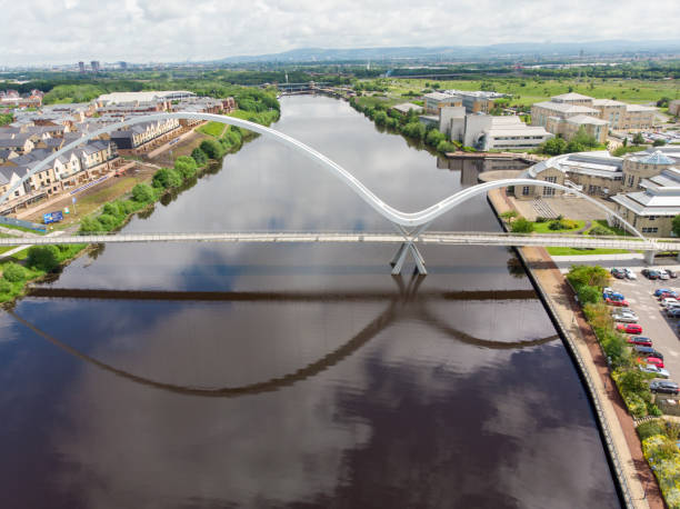 Aerial photo of The famous Infinity Bridge located in Stockton-on-Tees taken on a bright sunny part cloudy day. Aerial photo of The famous Infinity Bridge located in Stockton-on-Tees taken on a bright sunny part cloudy day. teesside northeast england stock pictures, royalty-free photos & images