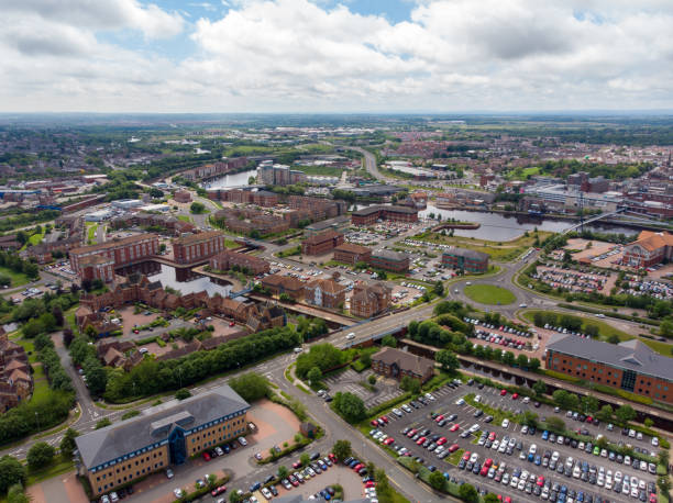 Aerial photo of the UK town of Middlesbrough a large post-industrial town on the south bank of the River Tees in the county of North Yorkshire, taken on a bright sunny day stock photo