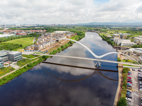 Aerial photo of The famous Infinity Bridge located in Stockton-on-Tees taken on a bright sunny part cloudy day.