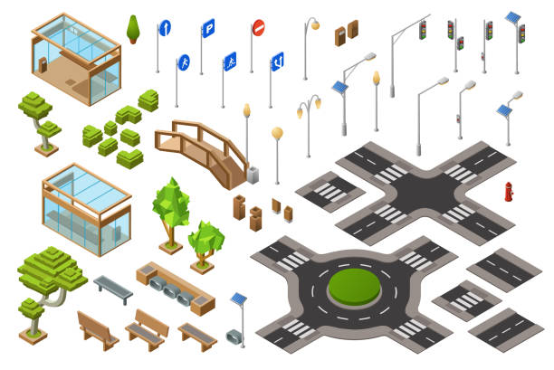 City road isometric 3D vector illustration of traffic light and direction signs or crossroads isolated icons City traffic street isometric 3D vector illustration of traffic light, transport direction signs. Isolated isometric constructor icons of town bench, bus stops and bridge or crossroad lane marking solar street lights stock illustrations