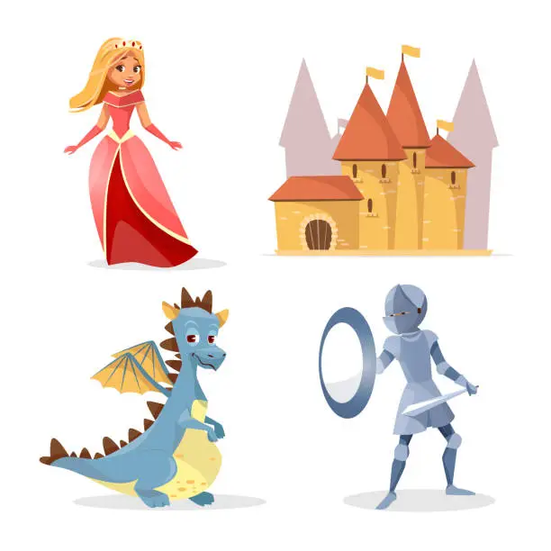 Vector illustration of Vector cartoon medieval fairy tale characters set