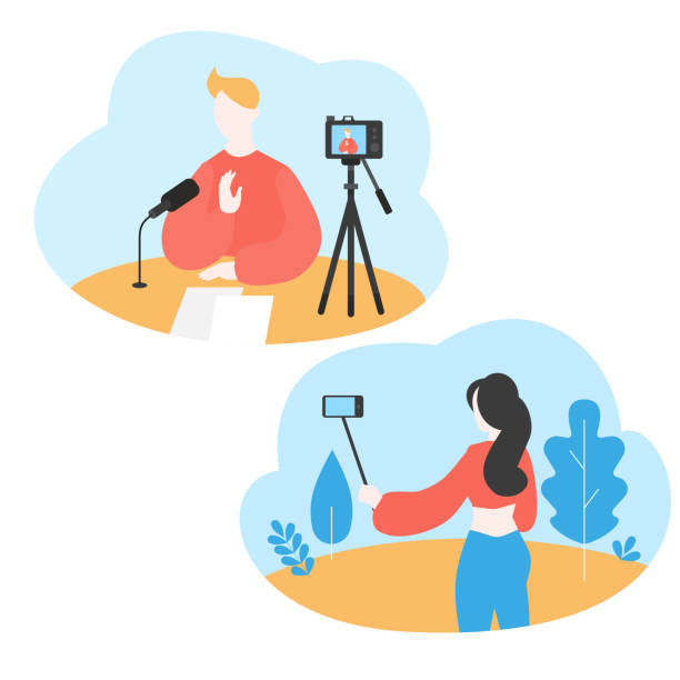 stockillustraties, clipart, cartoons en iconen met cartoon internet blogger opnamemedia content met behulp van selfie stok. influencer filmen video blog. meisje neemt fotografie op haar smartphone - amusement park