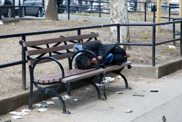 Woman sleeps on bench on cold day Bronx New York stock photo