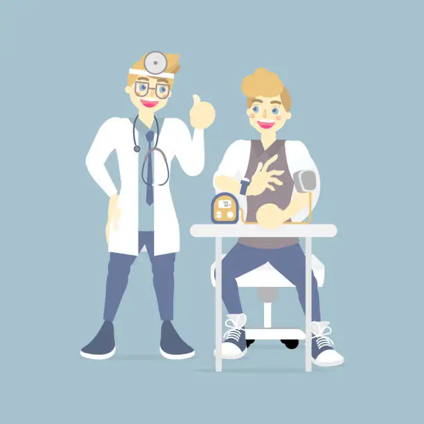 Vector illustration of doctor checking, caring measuring blood pressure for patient, health care, medical examination concept