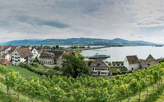 Rapperswil, SG / Switzerland - 3. August 2019: high angle view of the historic old town and vineyards of Rapperswil with Lake Zurich behind