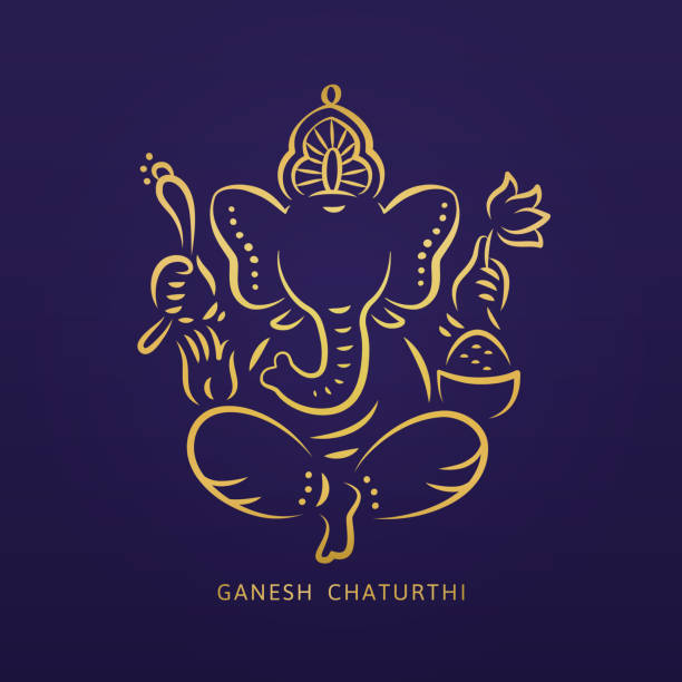 Ganesh chaturthi design Ganesh chaturthi design with golden line style Ganesha on blue background ganesha stock illustrations