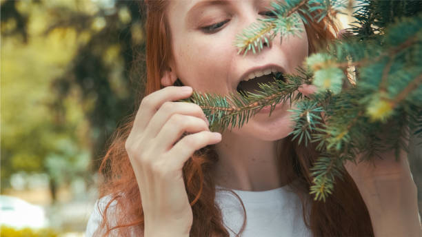 istock Redhead beautiful vegan girl eating pine needles. 1166762252