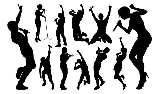 Singers Pop Country Rock Hiphop Star Silhouettes A set of high quality silhouette singer pop, country music, rock stars and hiphop rapper artist vocalists microphone silhouettes stock illustrations
