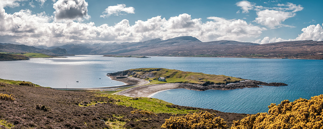 Lime kilns and buildings on Ard Neakie, a rocky promontory on Loch Eriboll in Caithness in Scotland with snow capped mountains in the distance and bright yellow gorse flowers in the foreground