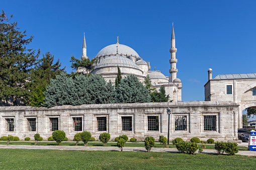 Istanbul, Turkey - July 26, 2019: Building of Suleymaniye Mosque (Ottoman imperial mosque) in city of Istanbul, Turkey