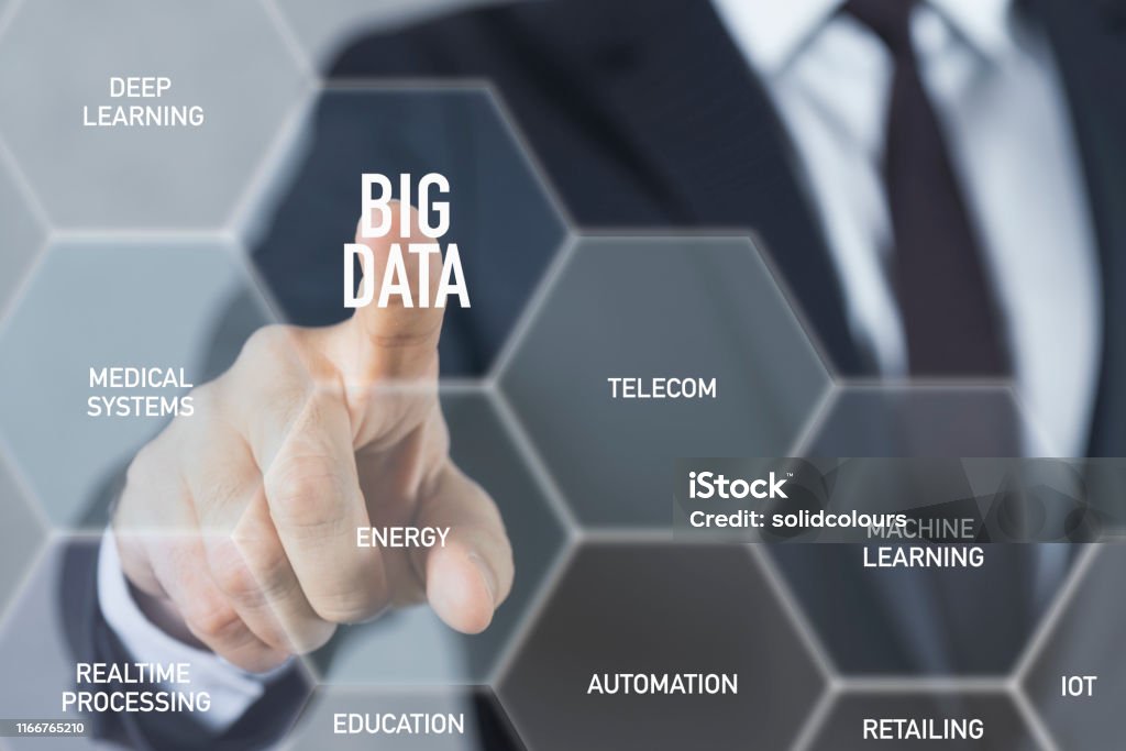 Big Data Solutions Businessman touching on big data screen. Automated Stock Photo