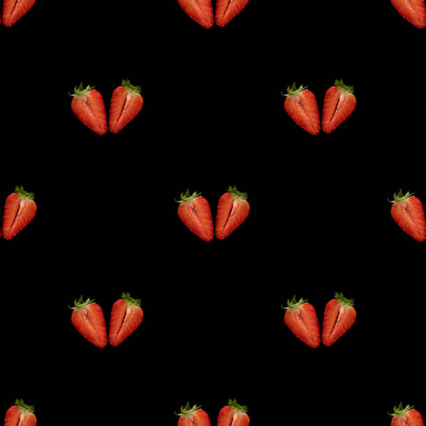 Strawberry seamless pattern. Berry pattern on black background. Top view. Original minimal food concept. Summer pattern.