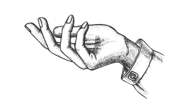 Elegant Girl Hand Gesture Open Palm Vintage Vector. Reaches Out, Asking Or Help Communication Gesture. Female Gesturing Black And White Designed In Retro Style Closeup Cartoon Illustration