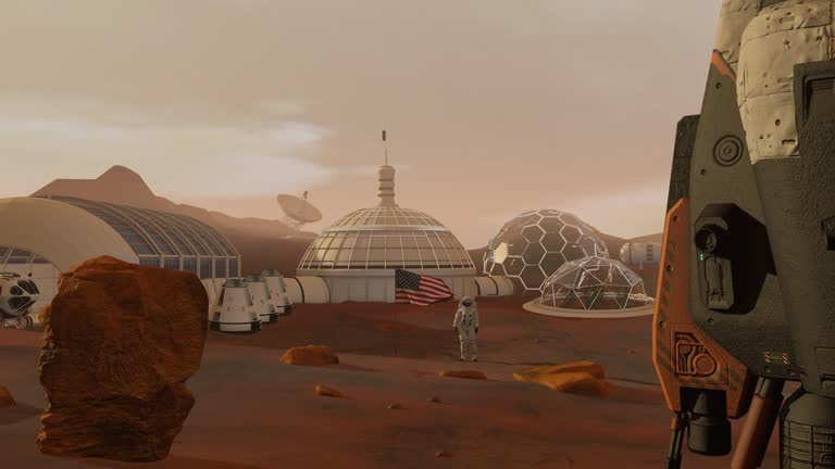 Colony on Mars. Astronaut saluting the American flag. Exploring Mission To Mars. Futuristic Colonization and Space Exploration Concept.