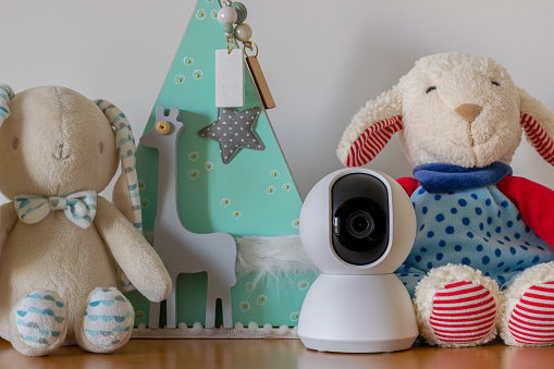 camera monitoring in a baby room with children toys