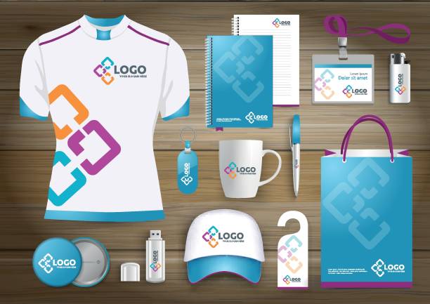 illustrazioni stock, clip art, cartoni animati e icone di tendenza di gift items business corporate identity, vector abstract color promozionali souvenir design con elementi origami per linee diagonali. collegare la società di tecnologia digitale stationery set, - mercanzia