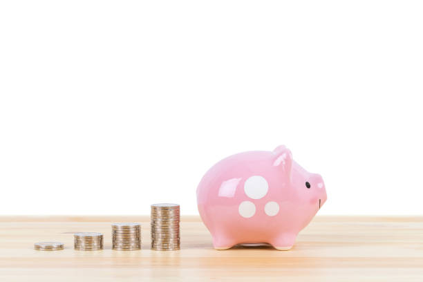 istock Piggy bank with coin stack on white background 1166773638