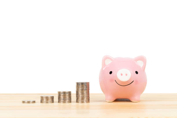 istock Piggy bank with coin stack on white background 1166773648
