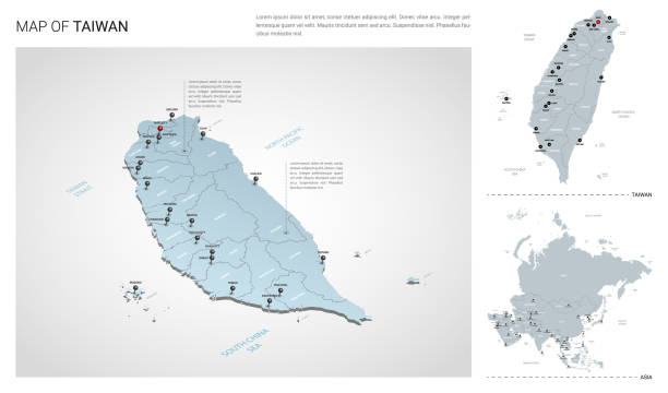 Vector set of Taiwan country.  Isometric 3d map, Taiwan map, Asia map - with region, state names and city names. Vector set of Taiwan country.  Isometric 3d map, Taiwan map, Asia map - with region, state names and city names. taiwan stock illustrations