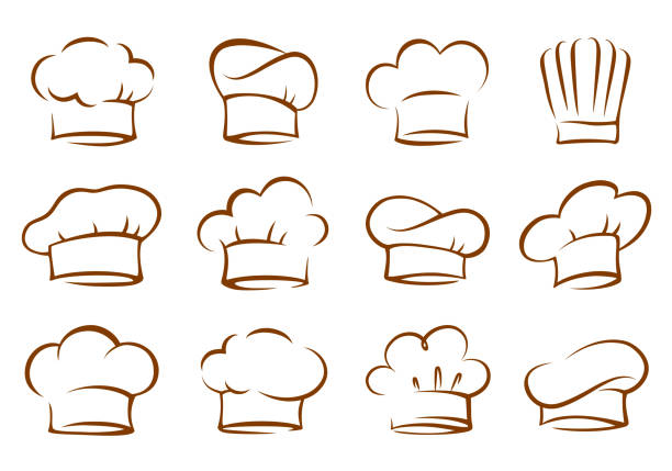 set of vintage chef and cook hats art set of vintage isolated hand drawn chef and cook hats on white background chefs hat stock illustrations