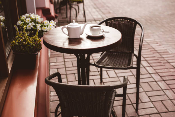 istock Street view of a empty terrace cafe. 1166773811