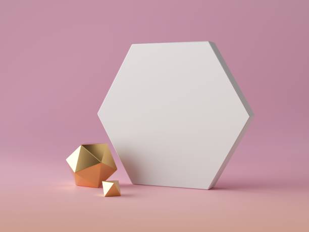istock 3d abstract modern minimal background, white hexagonal canvas isolated on pink, assorted golden decorative polygonal objects, minimalistic scene, blank mockup, fashion elements, simple clean design 1166774087