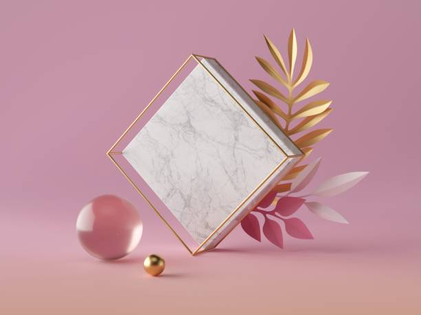 3d render, white marble rhombus shape, blank square banner mockup, simple geometrical objects isolated on rose pink background, abstract luxury concept, glass gold ball, paper palm leaves
