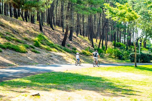 The Bay of Arcachon promenade in Western France in the Arcachon Basin. This shows forest at the back of the beach and the promenade with cyclists, they are a father and son.