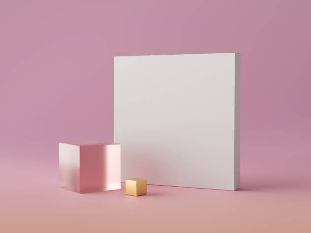 3d abstract modern minimal background, white square canvas isolated on pink, crystal glass block, golden cube, cubic decor, fashion minimalistic scene, simple clean design, blank feminine mockup - people group of objects three dimensional shape abstract imagens e fotografias de stock