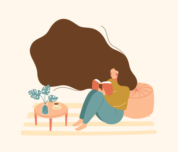 ilustrações de stock, clip art, desenhos animados e ícones de young woman with floating hair sits on floor and reads book. - coffee at home