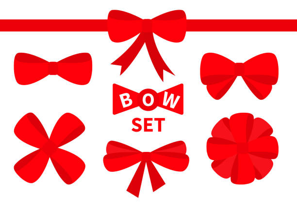 rote band weihnachten bogen große symbol-set. dekorationelement für geschenkbox vorhanden. weißer hintergrund. abgeschnitten. flaches design. - bow christmas gift holiday stock-grafiken, -clipart, -cartoons und -symbole