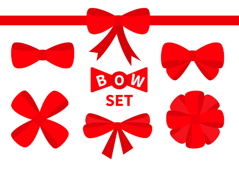 Red ribbon Christmas bow Big icon set. Decoration element for giftbox present. White background. Isolated. Flat design. Vector illustration