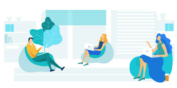 Colleagues in Beanbag Chairs Vector Illustration Colleagues in Beanbag Chairs Vector Illustration. Young Businessman and Businesswomen Cartoon Characters. Coworkers Sitting with Laptops. Modern Open Space Office, Comfortable Furnishing bean bag illustrations stock illustrations