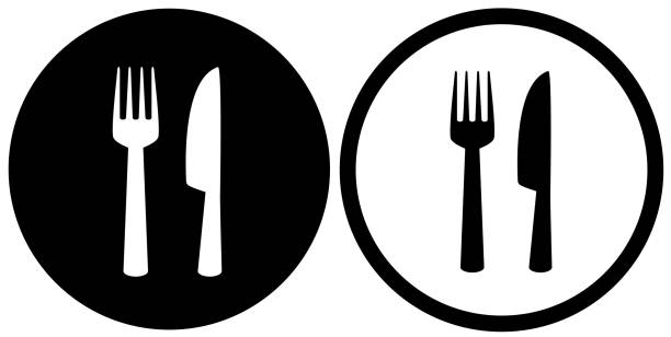 restaurant sign with fork and knife simple restaurant or cafe icons with plate, fork and knife silhouettes fork knife stock illustrations