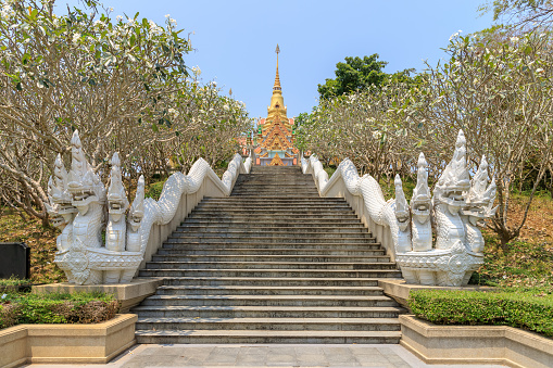 Stairway to Phra Mahathat Chedi Phakdee Prakat Pagoda on top of mountain at Baan Grood, Prachuap Khiri Khan, Thailand