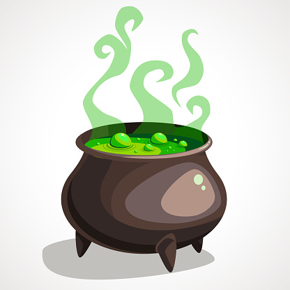 Cartoon witch cauldron with magic green potion and steam. Vector illustration