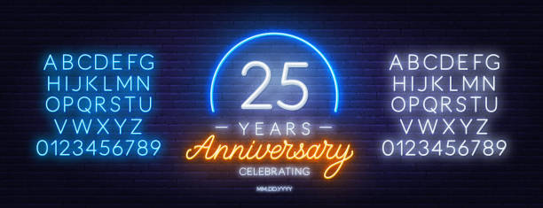 25-lecie obchodów neonu na ciemnym tle. - metallic wall brick glowing stock illustrations