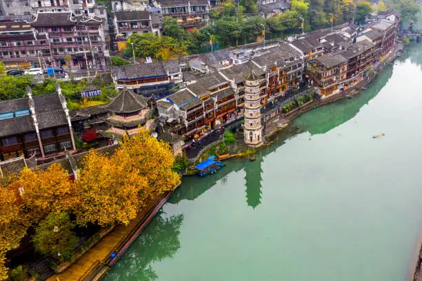 Beautiful aerial scenery of Fenghuang ancient town beside TuoJiang river