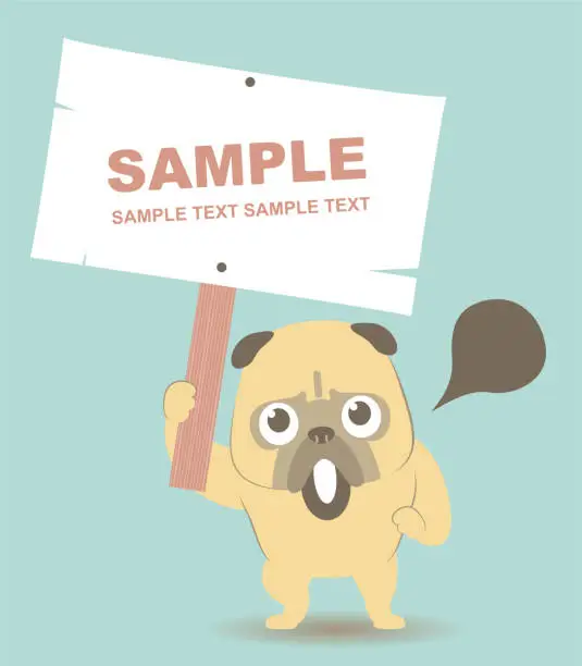 Vector illustration of Dog standing on his own two feet and holding a blank sign