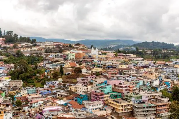 Aerial view of Coonoor town in India. Indian city landscape. Version 2.