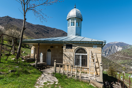 Lahic, Ismayilli region, Azerbaijan - April 28, 2019. Holy shrine at a cemetery in Lahic village of Azerbaijan.