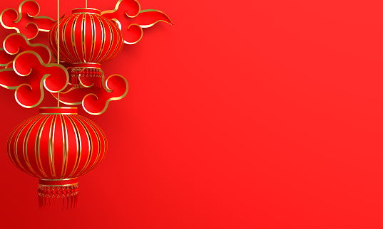 Red and gold traditional Chinese lanterns lampion and paper cut cloud. Design creative concept of chinese festival celebration. 3D rendering illustration.