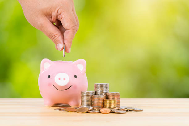 istock Piggy bank, coin stack, with hand inserting money, on green tree background, saving concept 1166786752