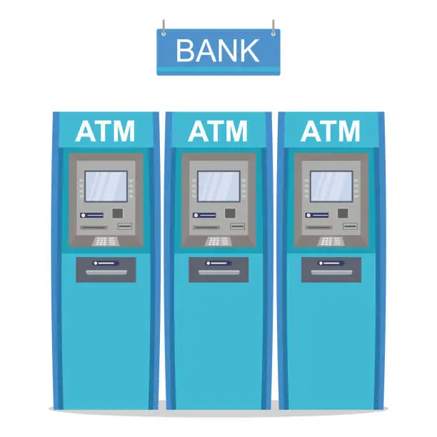 Vector illustration of ATM Bank Cash Machine,cartoon three cash dispensers isolated on white background,