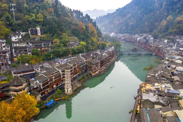 Beautiful morning in Fenghuang ancient town along TuoJiang river