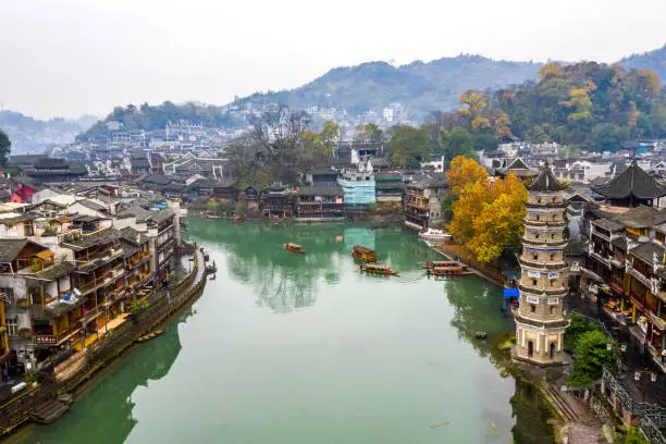 Peaceful scenery in FengHuang ancient town beside TuoJiang river