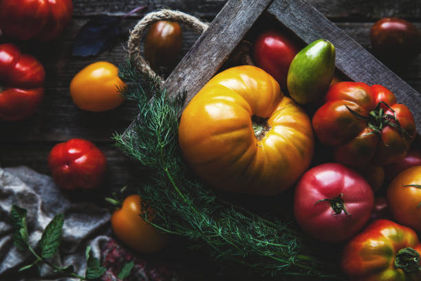 istock Fresh tomatoes in an old box. On wooden background. 1166790775