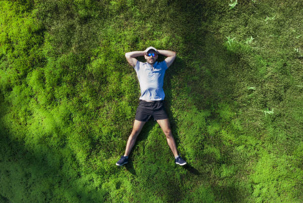 A man lies on a green moss in the forest. View from above. A man lies on a green moss in the forest. View from above man reclining stock pictures, royalty-free photos & images
